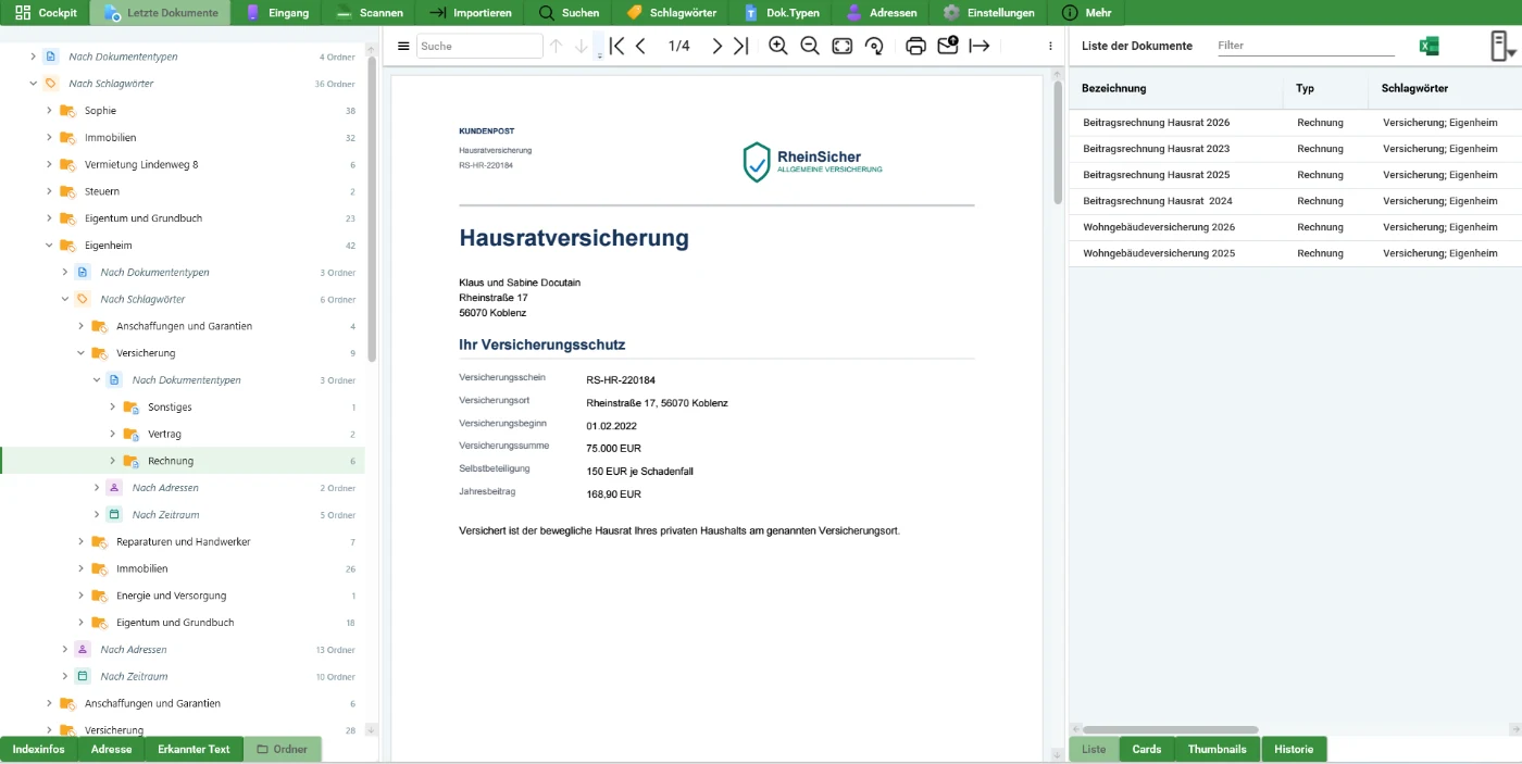 Dynamische Ordner in Docutain: Hausratversicherung mit den Schlagwörtern Versicherung und Eigenheim, geöffnet über den Pfad Eigenheim, Versicherung, Rechnung