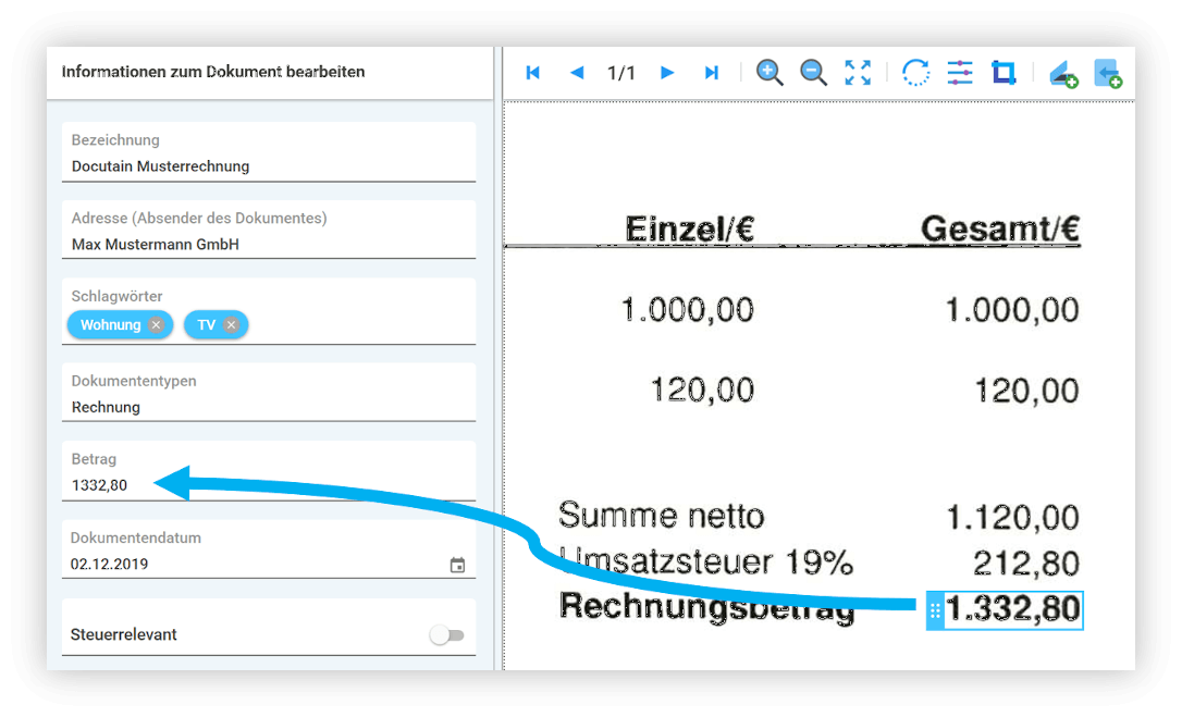 Informationen zum Dokument können direkt aus dem Dokument per Drag & Drop entnommen werden