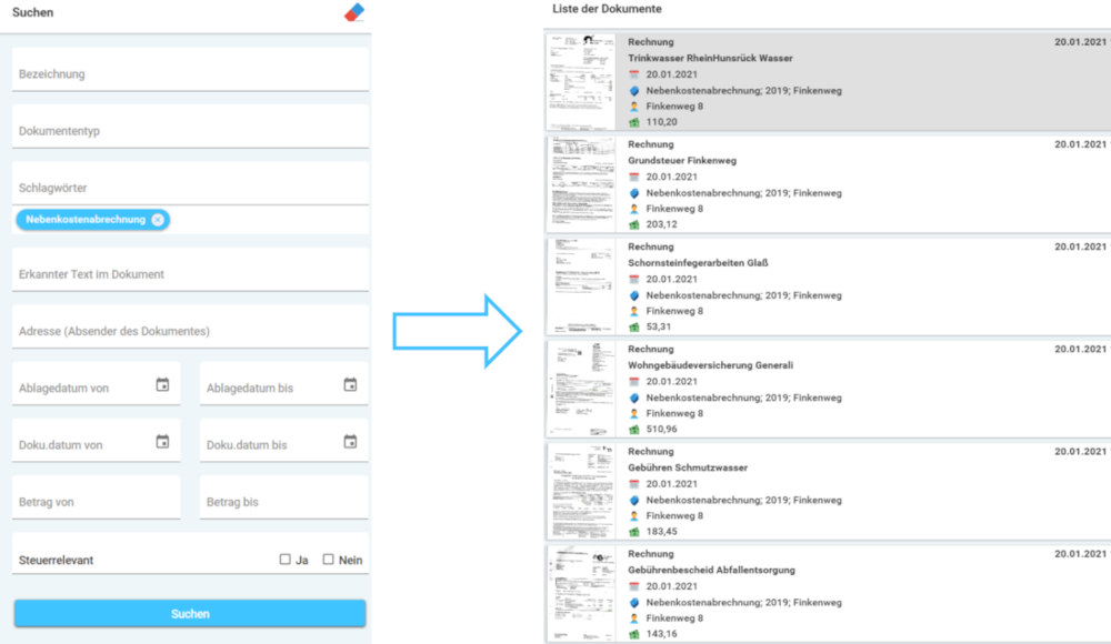 Mit Docutain können Sie Dokumente mithilfe der Suche nach bestimmten Schlagwörtern schnell finden.