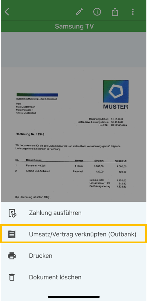 Umsatz oder Vertrag aus Outbank mit Docutain-Dokument verknüpfen