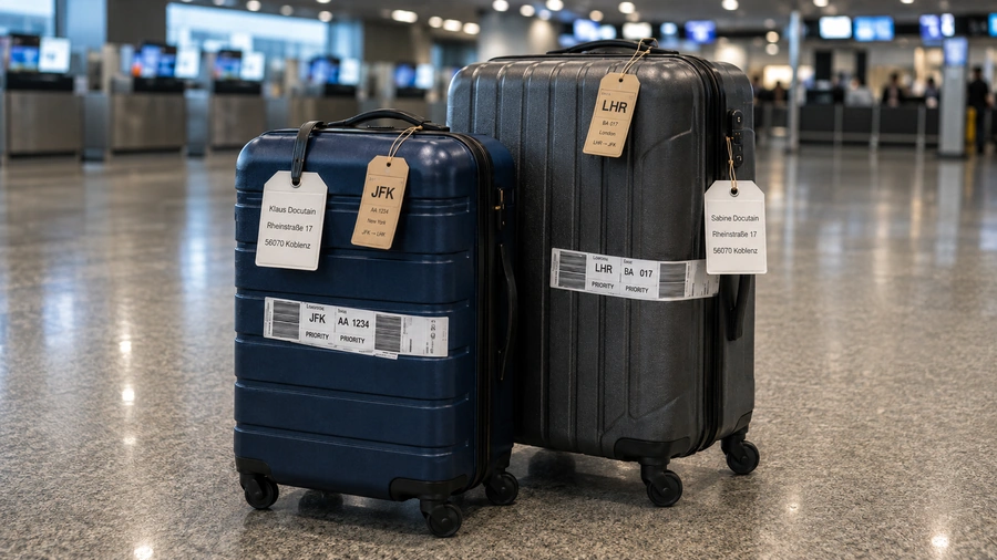 Reisekoffer mit Adressanhänger und Airline-Banderole als Sinnbild: der Koffer ist der Dokumententyp, Anhänger und Banderole sind Schlagwörter