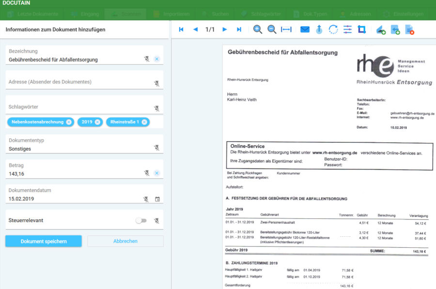 Screenshot eines Gebührenbescheides mit Indexierung in Docutain