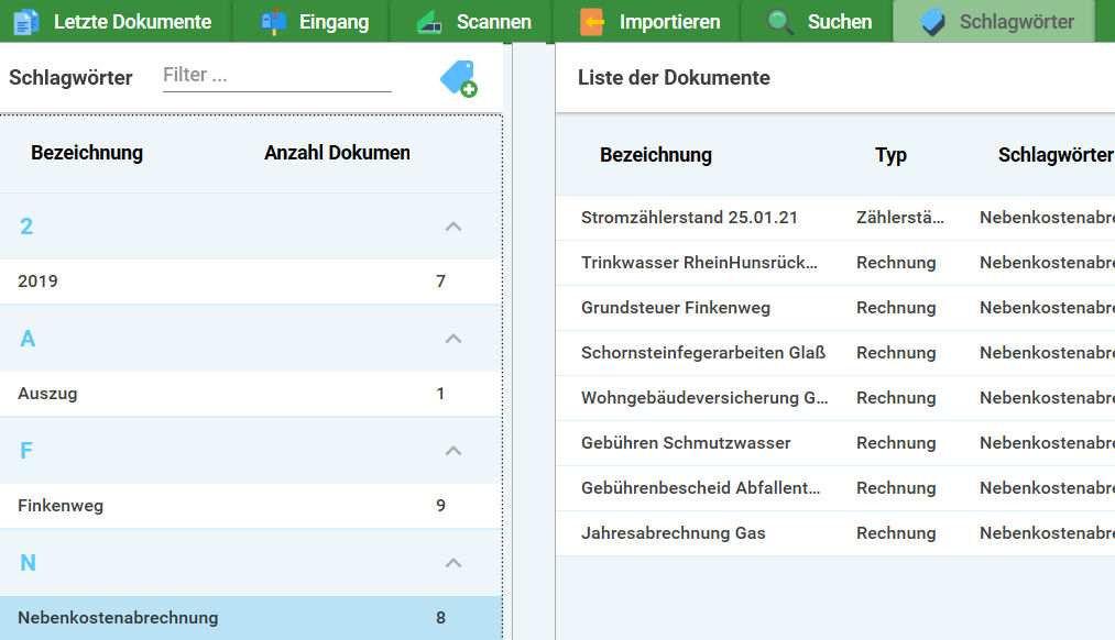 Docutain zeigt in nur einem Klick alle Unterlagen für die Nebenkostenabrechnung.