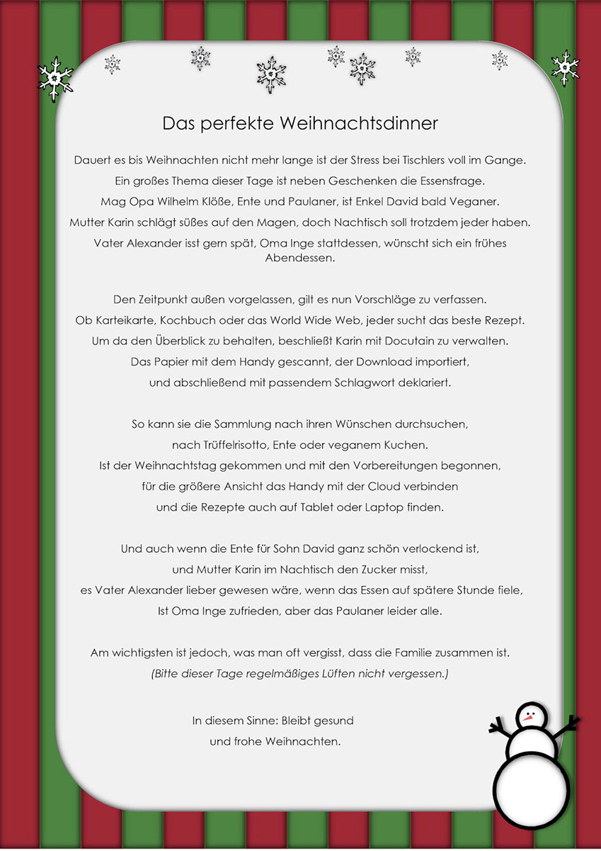 Das Weihnachtsgedicht der Familie Tischler beschreibt Rezepteverwaltung mit Docutain